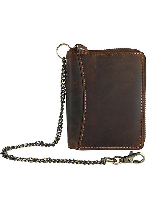 CTM Mens Hunter Leather Zip-Around Bifold Chain Wallet