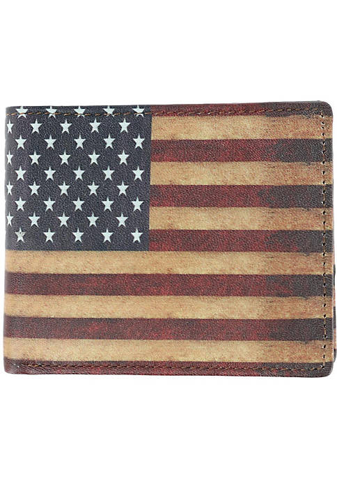 Mens Leather RFID Vintage American Flag Bifold Passcase Wallet