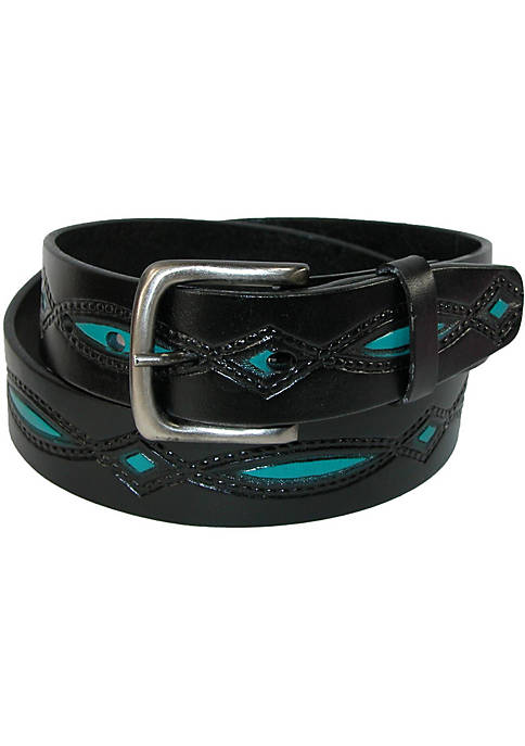 Mens Oil Tanned Leather Belt with Embossed Turquoise Accents