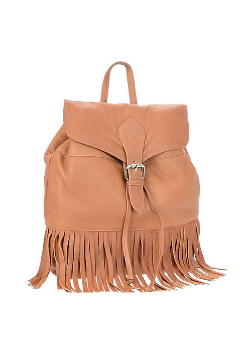 Womens Leather Backpack with Buckle Flap and Fringe