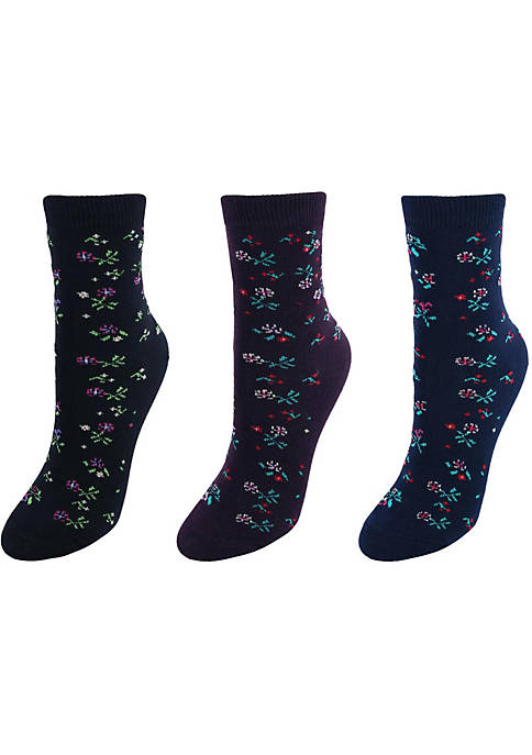 CTM Womens Assorted Flower Patterned Crew Socks (3