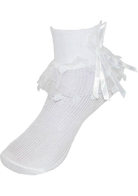 CTM Girls Lace Ruffle Anklet Sock with Pearl