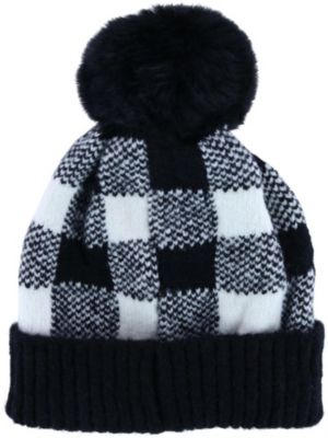 Love Of Fashion Women's Knit Buffalo Plaid Winter Beanie Hat With Pom, Black -  191362388759