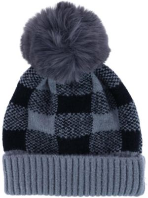 Love Of Fashion Women's Knit Buffalo Plaid Winter Beanie Hat With Pom, Gray -  191362388766