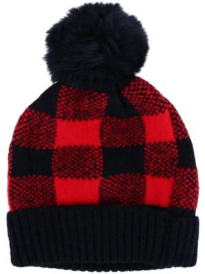 Love Of Fashion Women's Knit Buffalo Plaid Winter Beanie Hat With Pom, Red -  191362388773