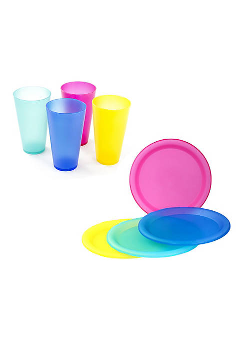 Lexi Home Colorful Plastic Netted Tumblers and Dinner Plates - Set of 8 pcs