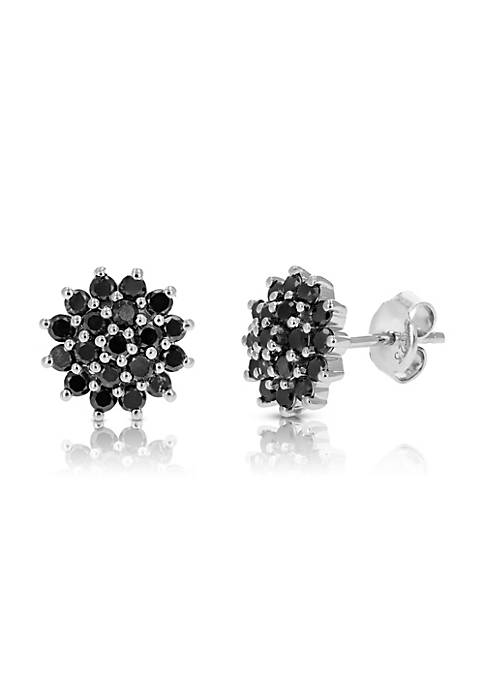 1 cttw Black Diamond Stud Earrings .925 Sterling Silver Push Backs Round Cluster