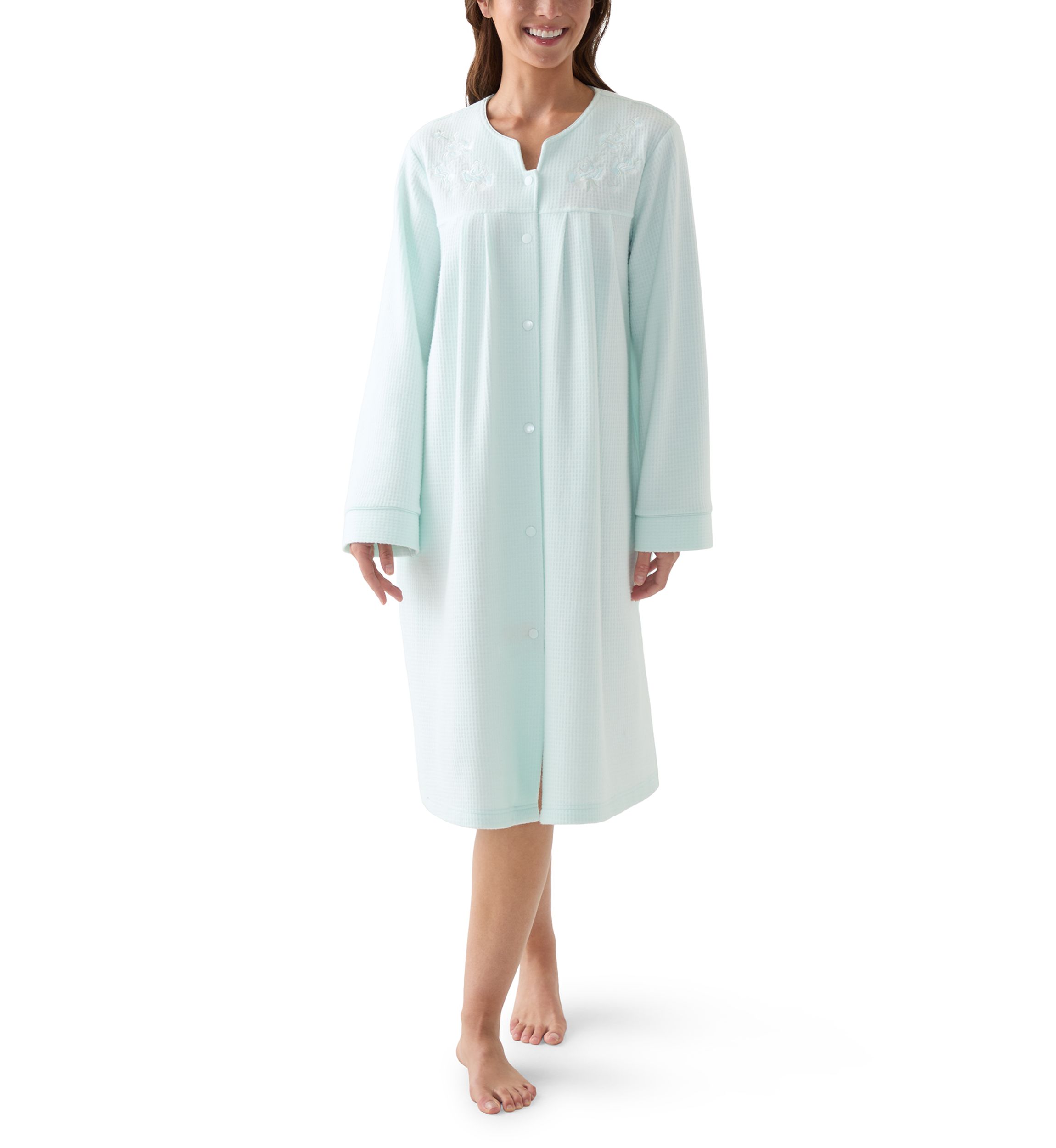 Womens Short Brushed Waffle Knit Snap Robe