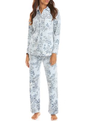 Miss Elaine 2 Piece Blue Floral Printed Notch Pajama Set | belk