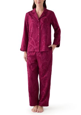 Miss Elaine Women's Satin Jacquard Pajama Set, Burgundy, XL