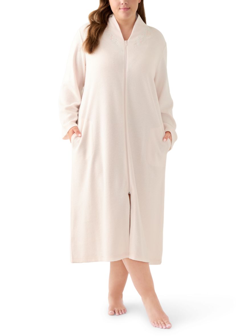 Plus Size Long Brushed Waffle Zip Robe