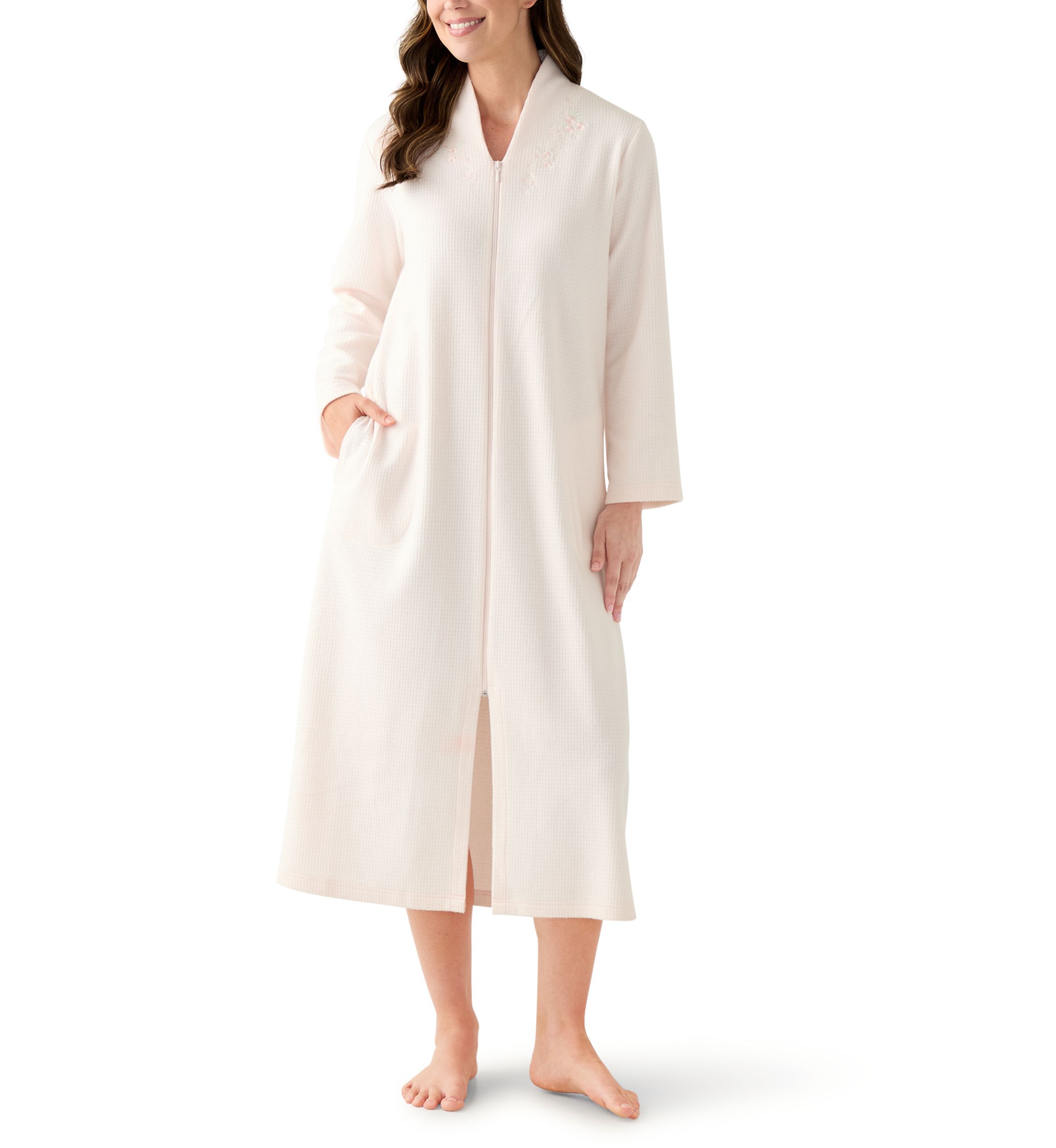 Womens Long Brushed Waffle Zip Robe