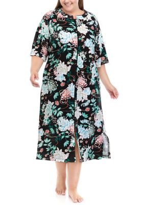 Plus Printed Interlock Long Zip Robe