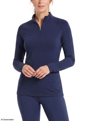 LANDS' END Women's Thermaskin 1/4 Zip Long Sleeve Top, Navy Blue, XL
