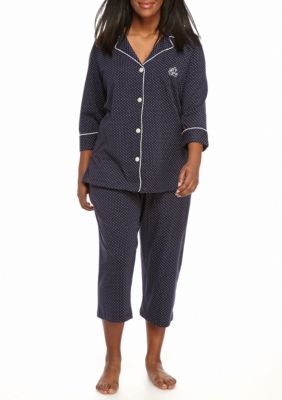 Lauren Ralph Lauren Womens 3/4 Sleeve Cotton Notch Collar Capri Pant Pajama  Set - Macy's