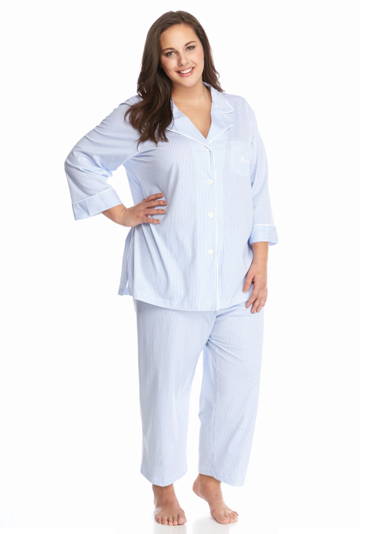 Plus Size 3/4 Sleeve Classic Notch Collar Capri Pajama Set