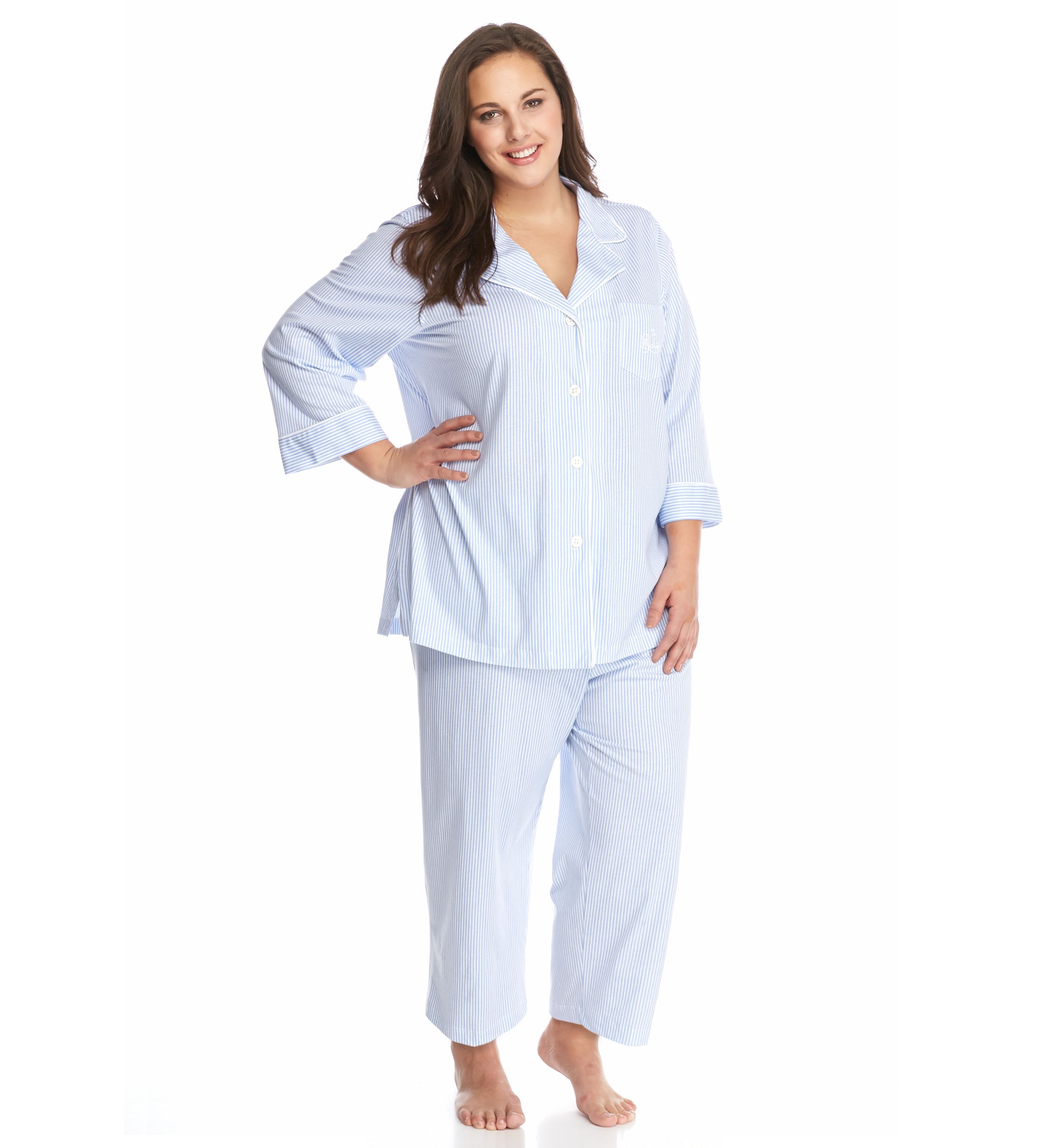 Plus Size 3/4 Sleeve Classic Notch Collar Capri Pajama Set