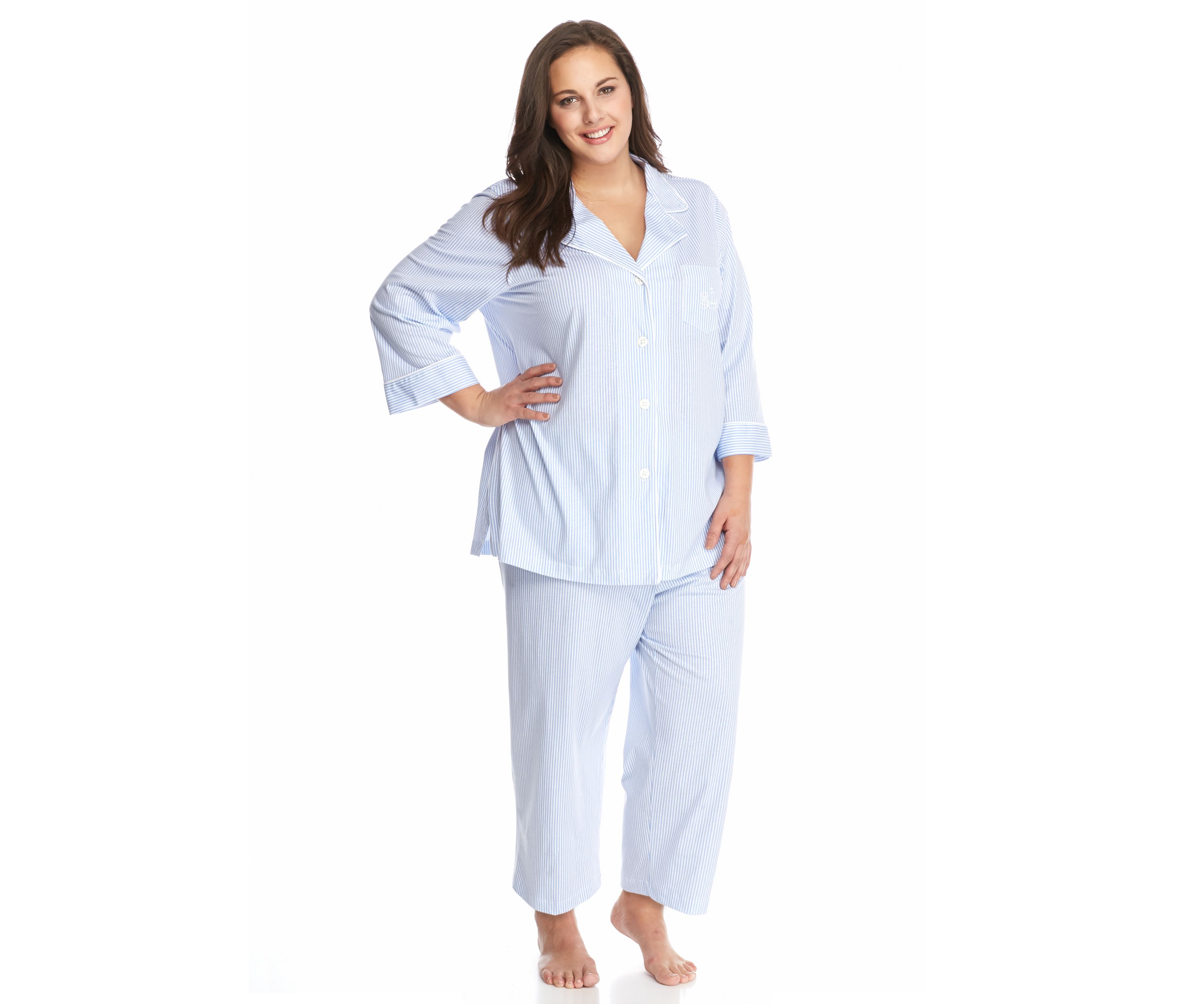 Plus Size 3/4 Sleeve Classic Notch Collar Capri Pajama Set
