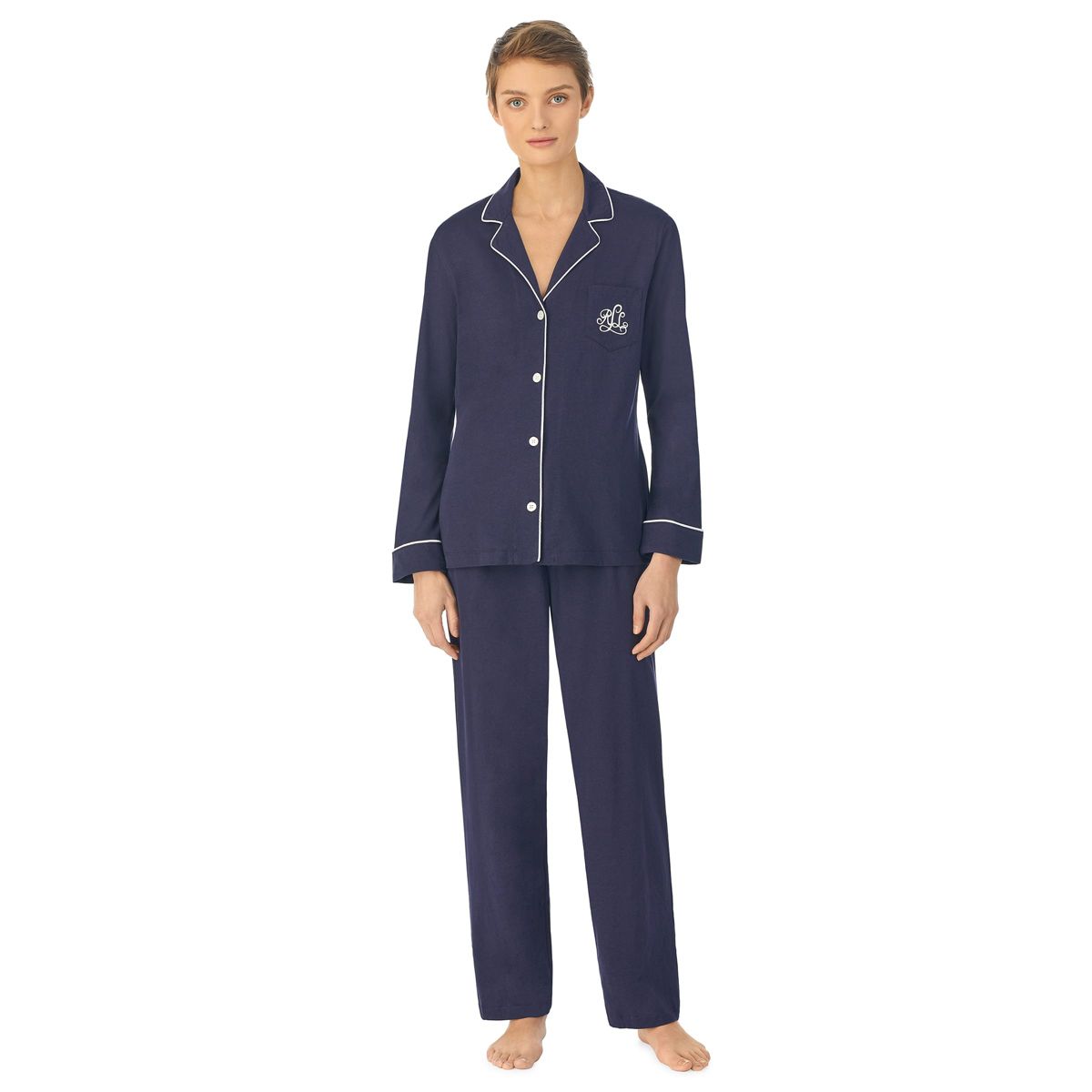 Long Sleeve Notch Collar Long Pang Pajama Pj Set With Piping Details