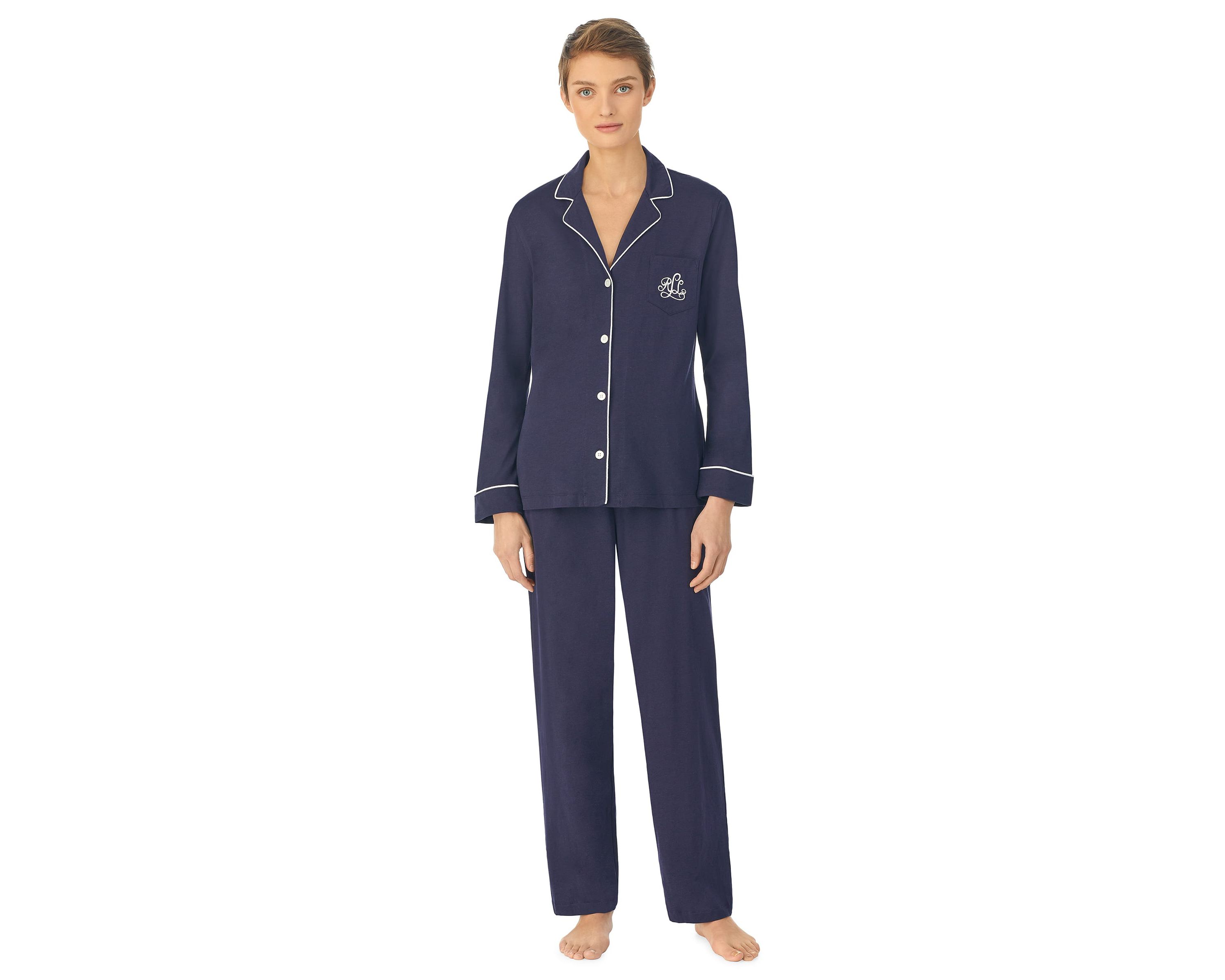 Long Sleeve Notch Collar Long Pang Pajama Pj Set With Piping Details