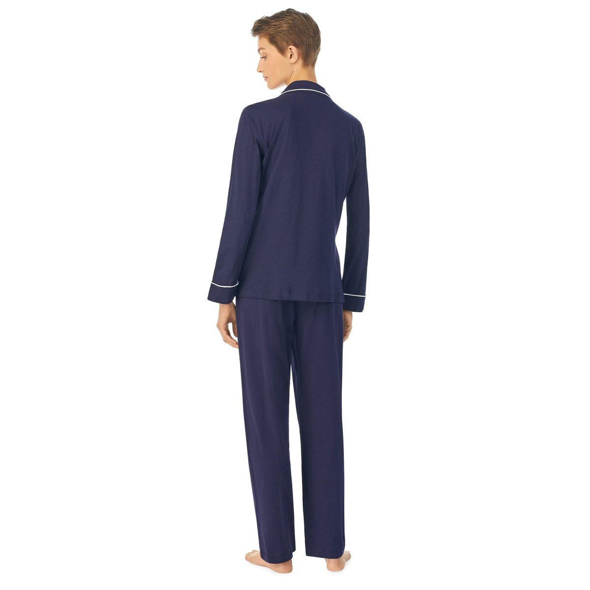 Long Sleeve Notch Collar Long Pang Pajama Pj Set With Piping Details