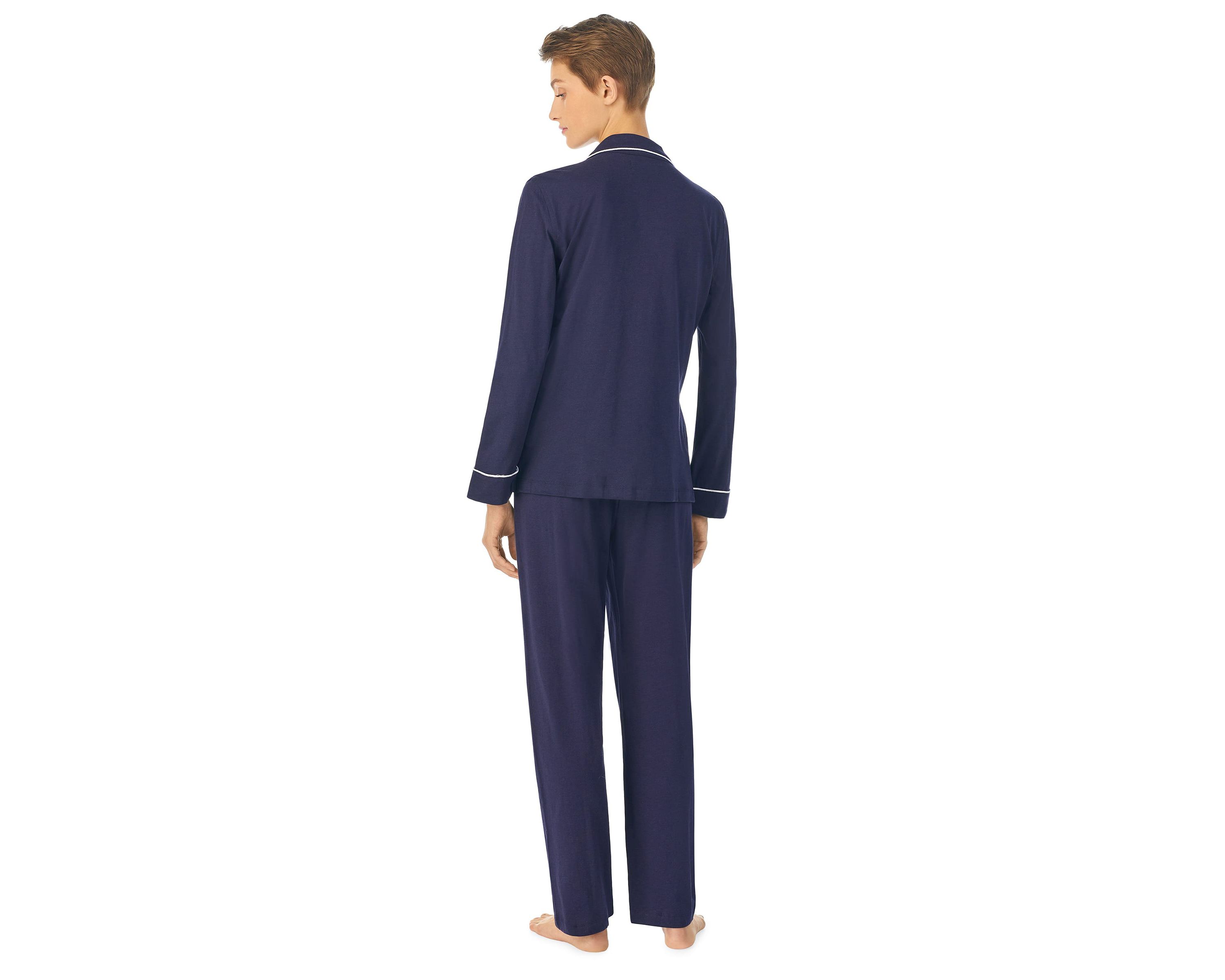 Long Sleeve Notch Collar Long Pang Pajama Pj Set With Piping Details