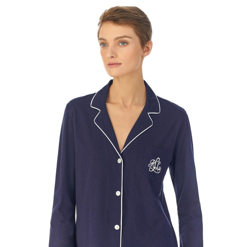 Long Sleeve Notch Collar Long Pang Pajama Pj Set With Piping Details