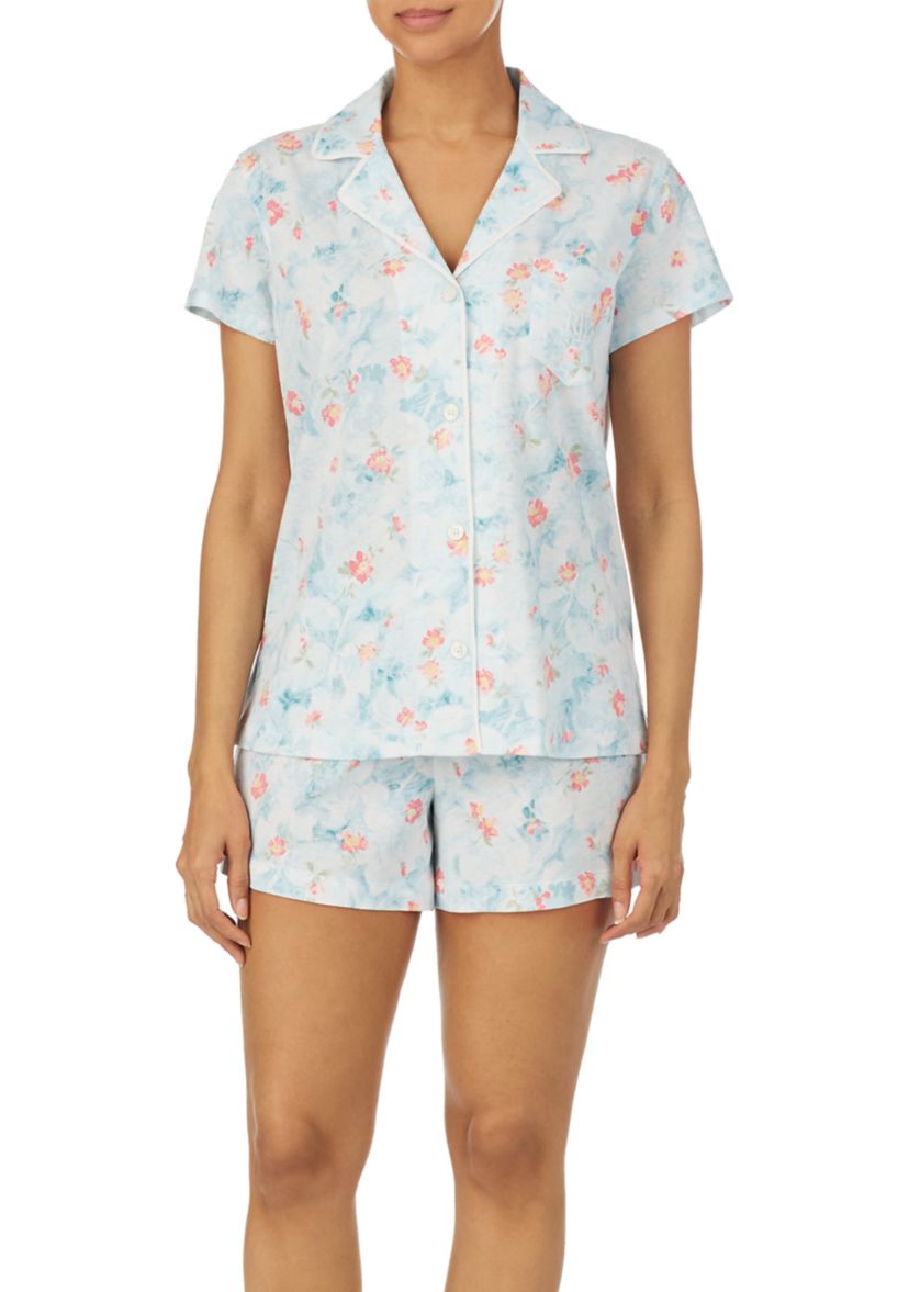 Womens Notch Collar Knit Boxer Pajama Set