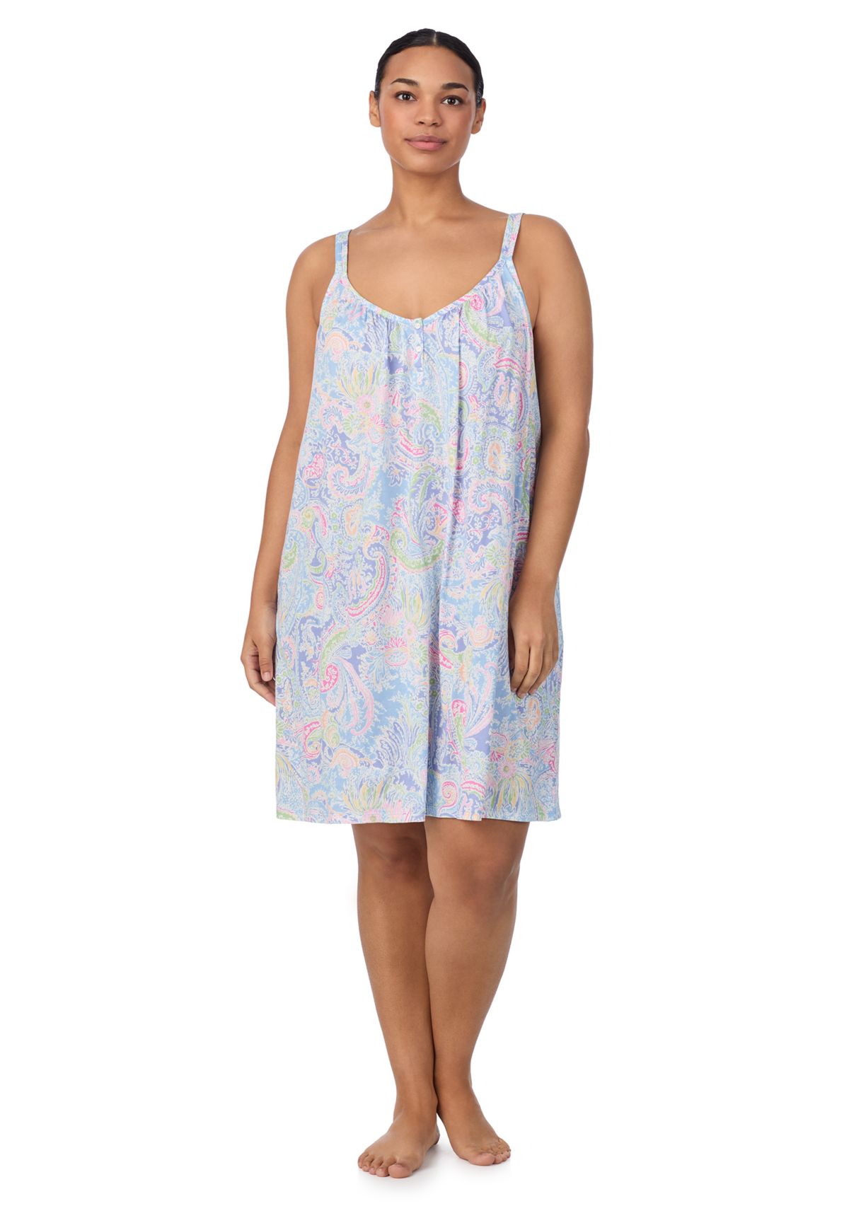 Plus Size Double Strap Button V-Neck Short Chemise