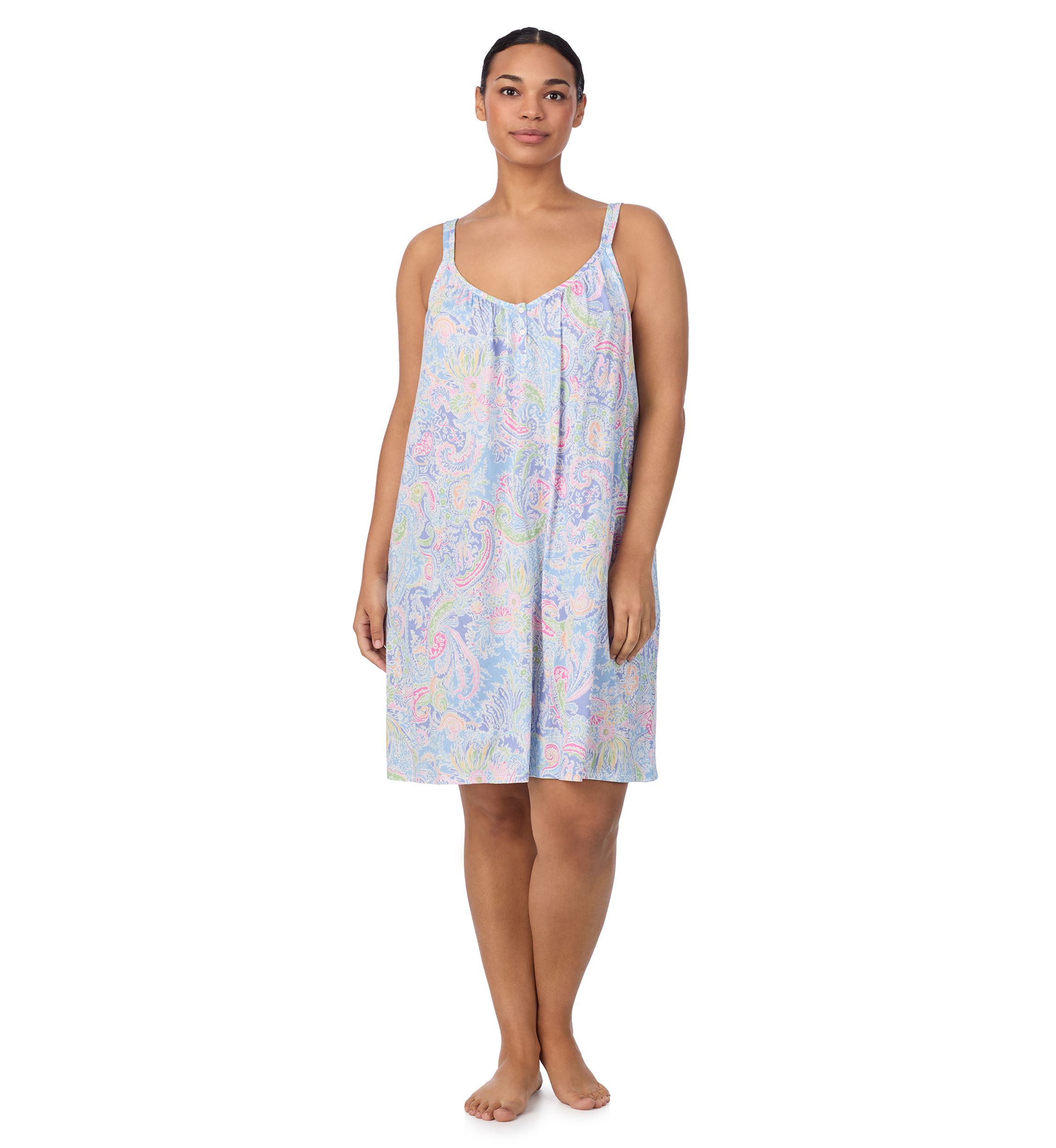 Plus Size Double Strap Button V-Neck Short Chemise