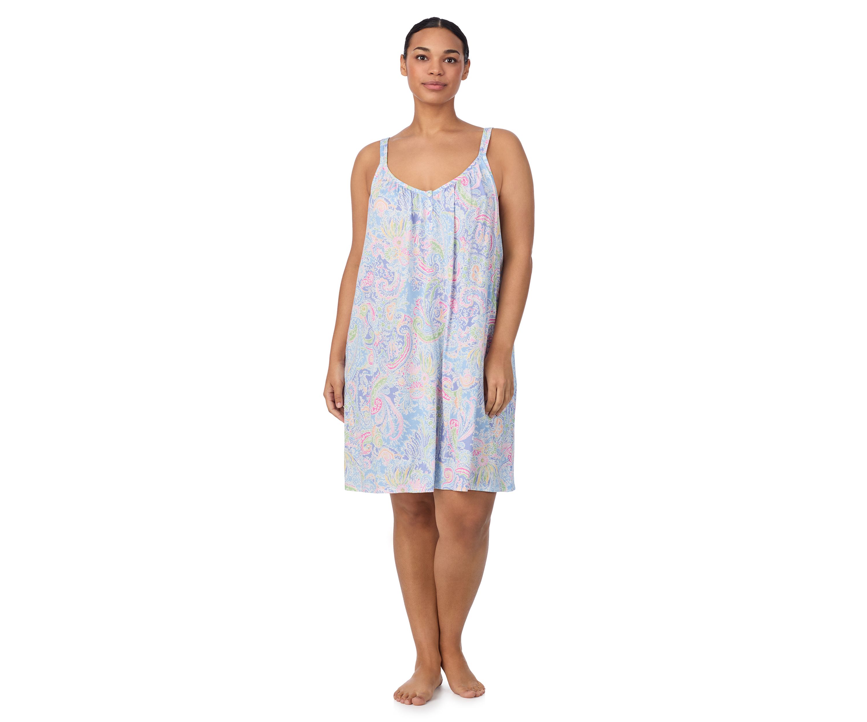 Plus Size Double Strap Button V-Neck Short Chemise
