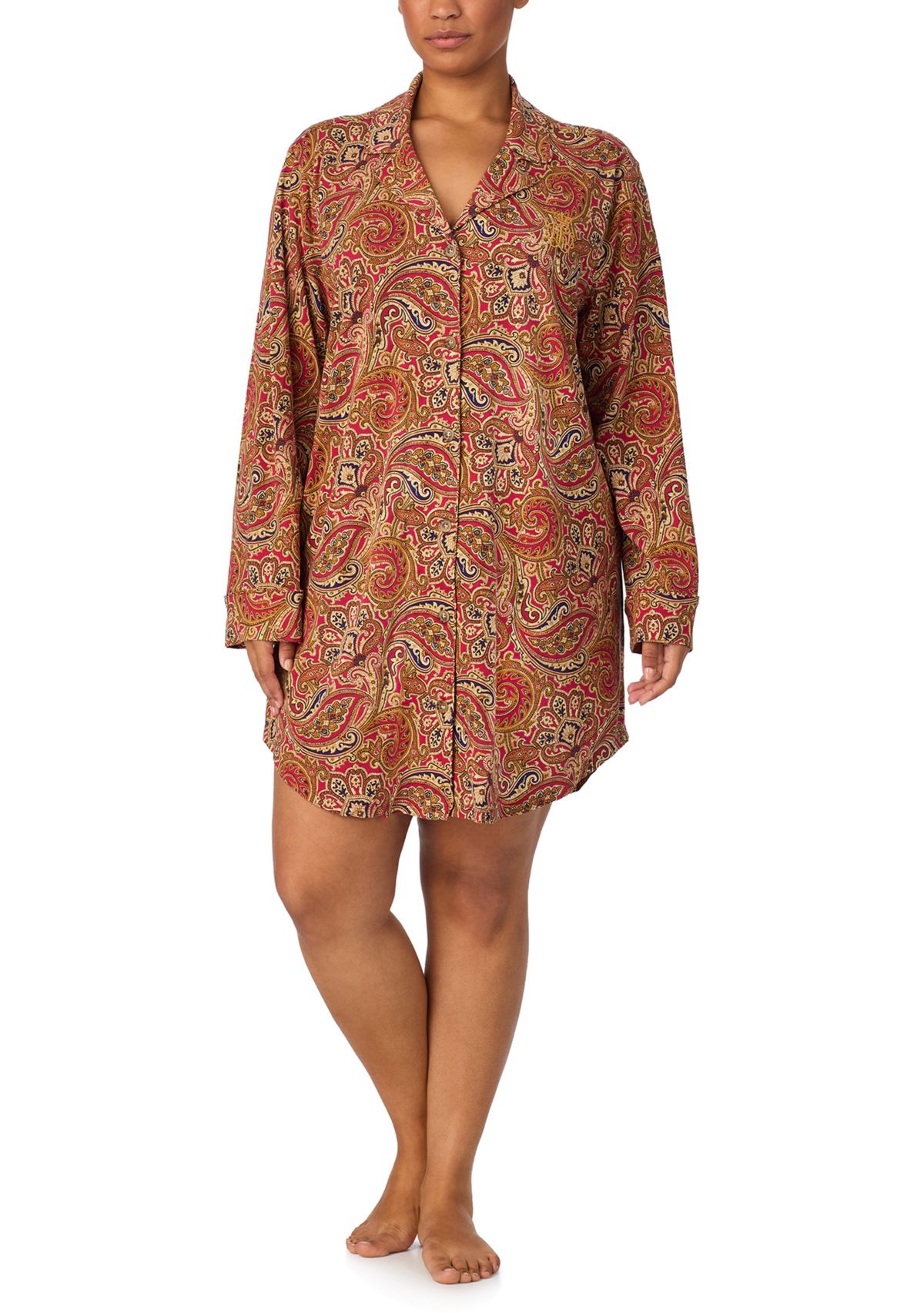 Plus Size Long Sleeve Notch Collar Sleepshirt