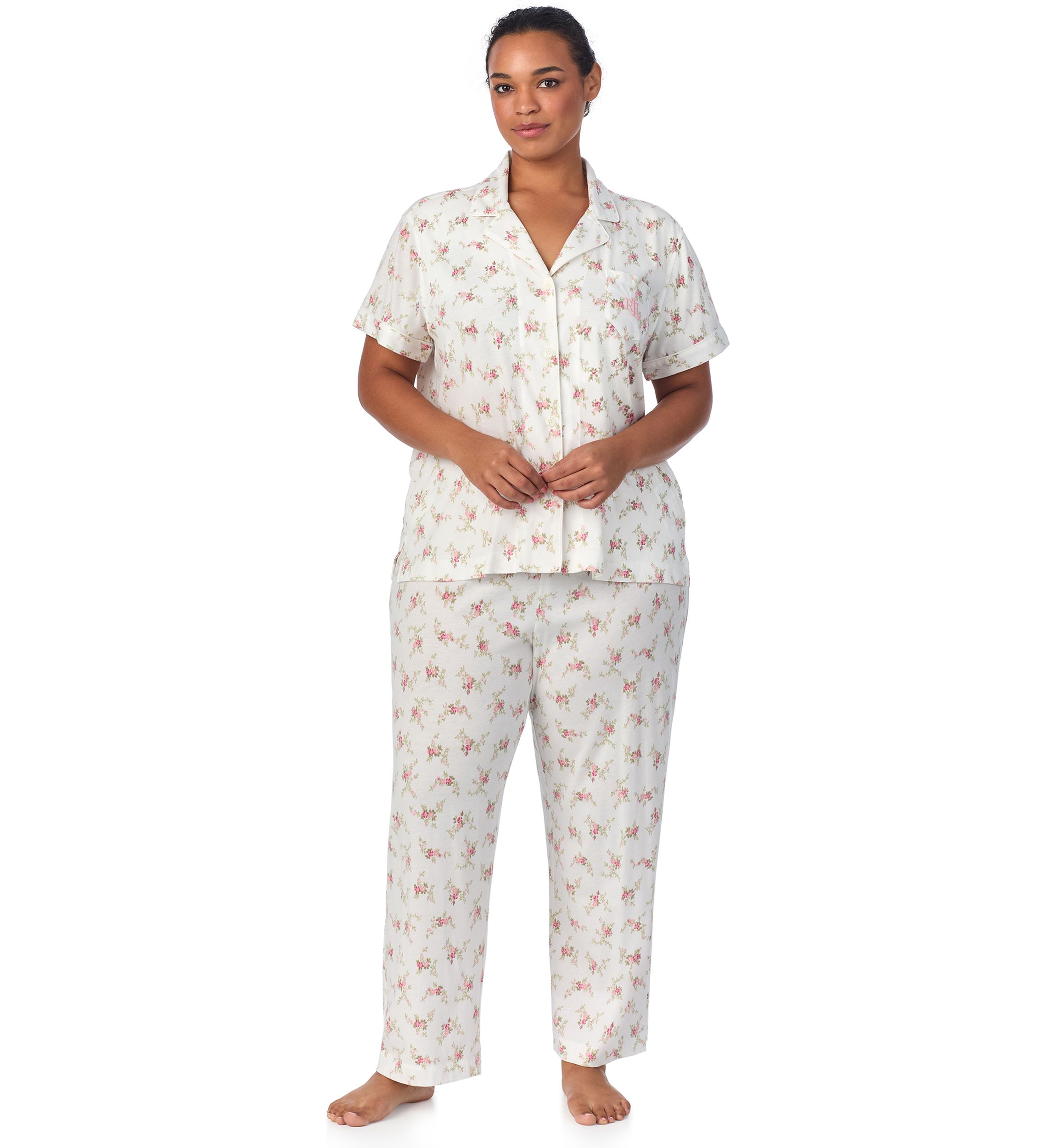 Plus Size Short Sleeve Notch Collar Ankle Pant Pajama Set