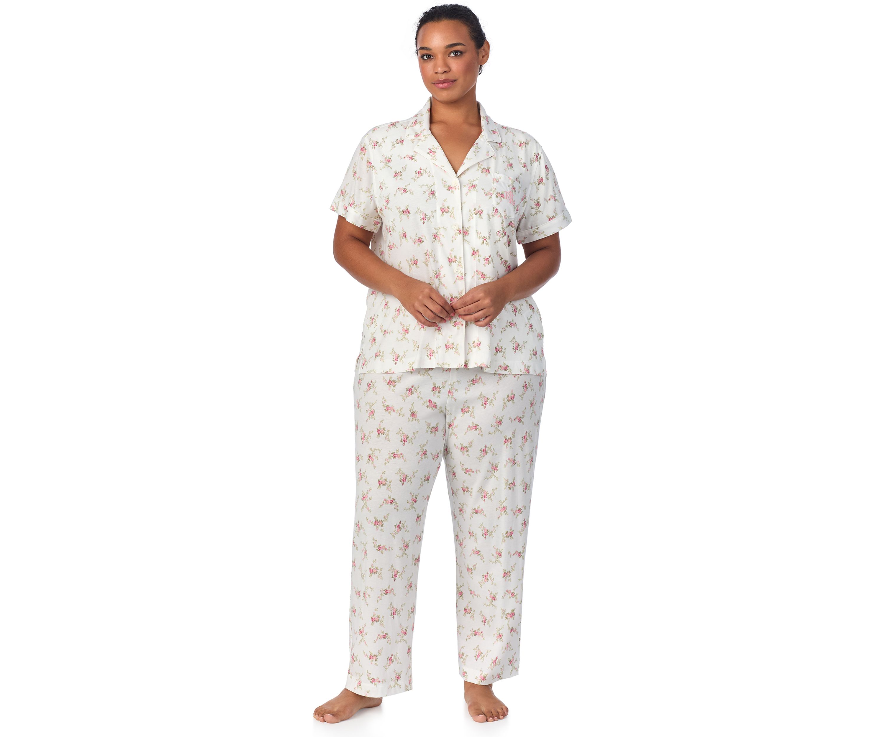Plus Size Short Sleeve Notch Collar Ankle Pant Pajama Set