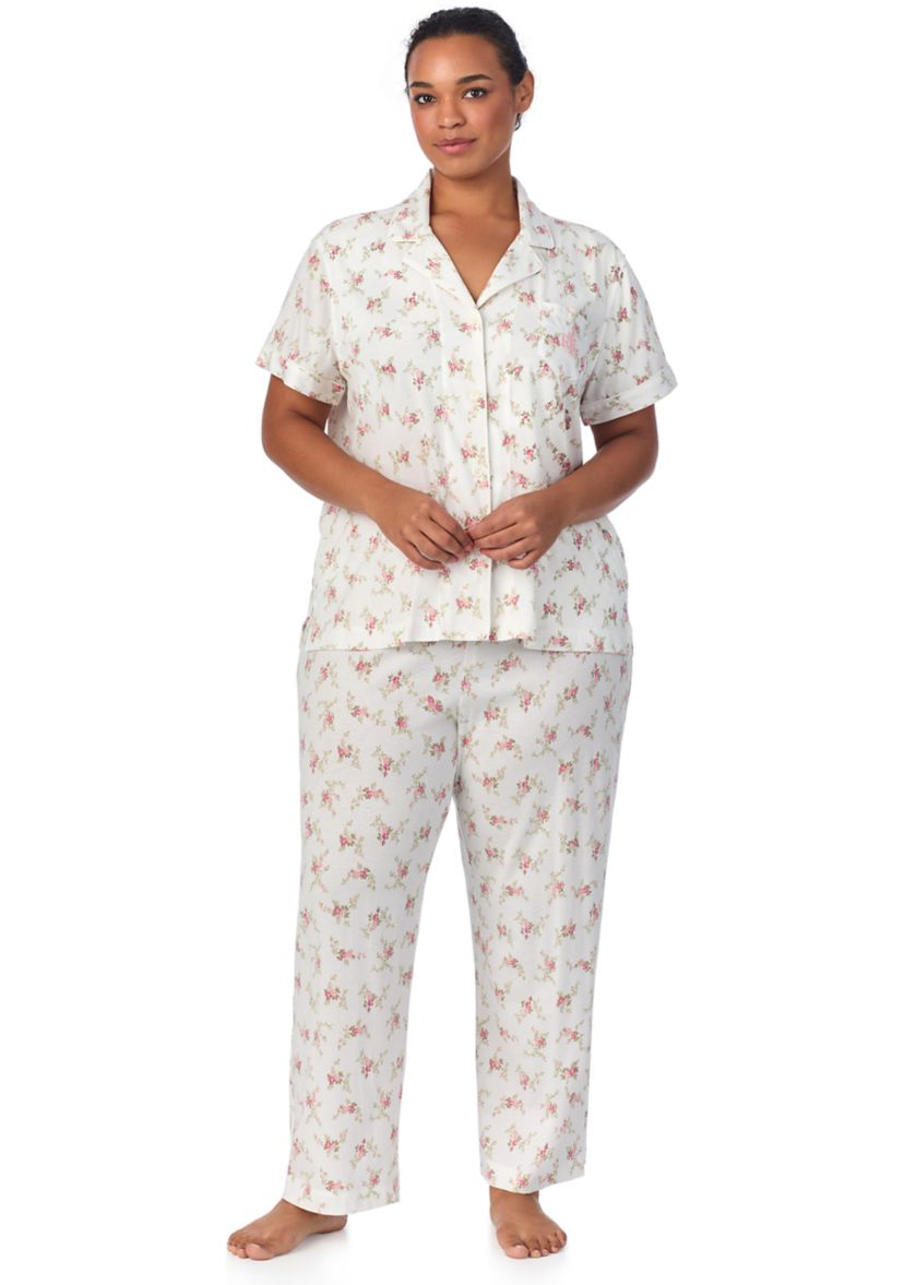 Plus Size Short Sleeve Notch Collar Ankle Pant Pajama Set