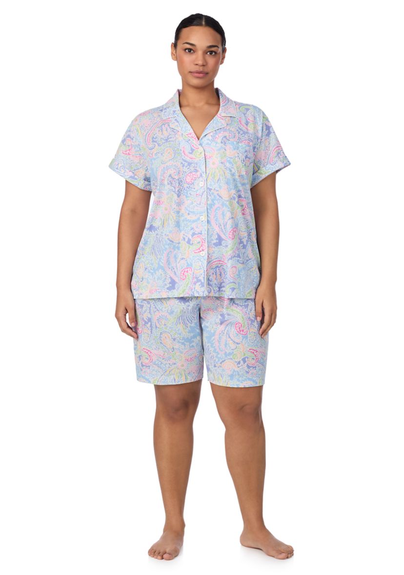 Plus Size Short Sleeve Notch Collar Bermuda Pajama Set