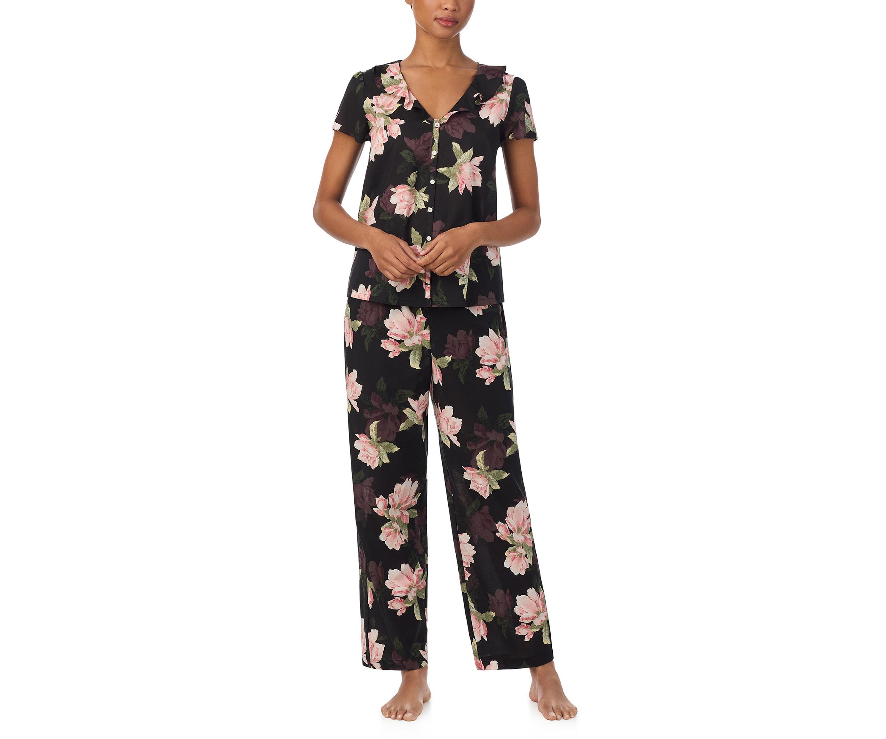 Flutter Sleeve Ruffle Neck Top and Ankle Pants Pajama Set