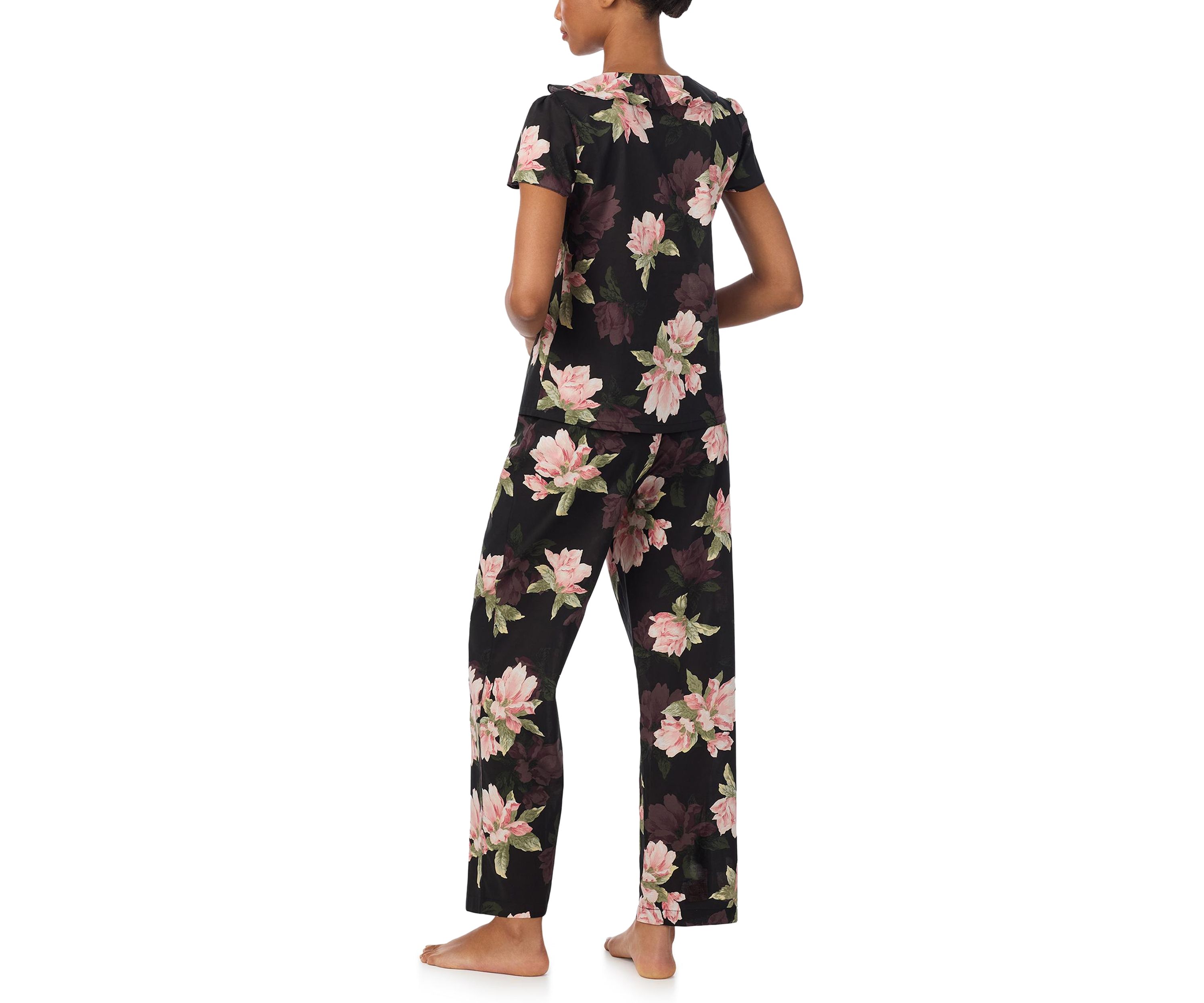 Flutter Sleeve Ruffle Neck Top and Ankle Pants Pajama Set