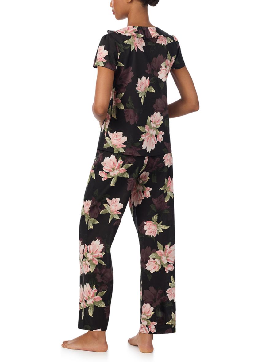 Flutter Sleeve Ruffle Neck Top and Ankle Pants Pajama Set