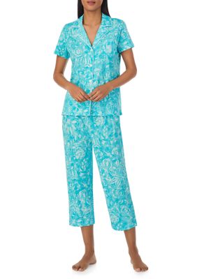 Lauren Ralph Lauren 34 Sleeve Notch Collar Long Pant Knit Floral Pajama Set - M