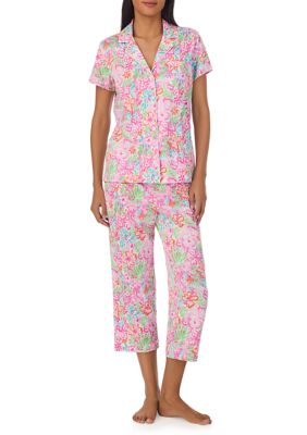 Short Sleeve Notch Collar Capri Pant Pajama Set
