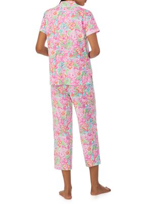 Short Sleeve Notch Collar Capri Pant Pajama Set