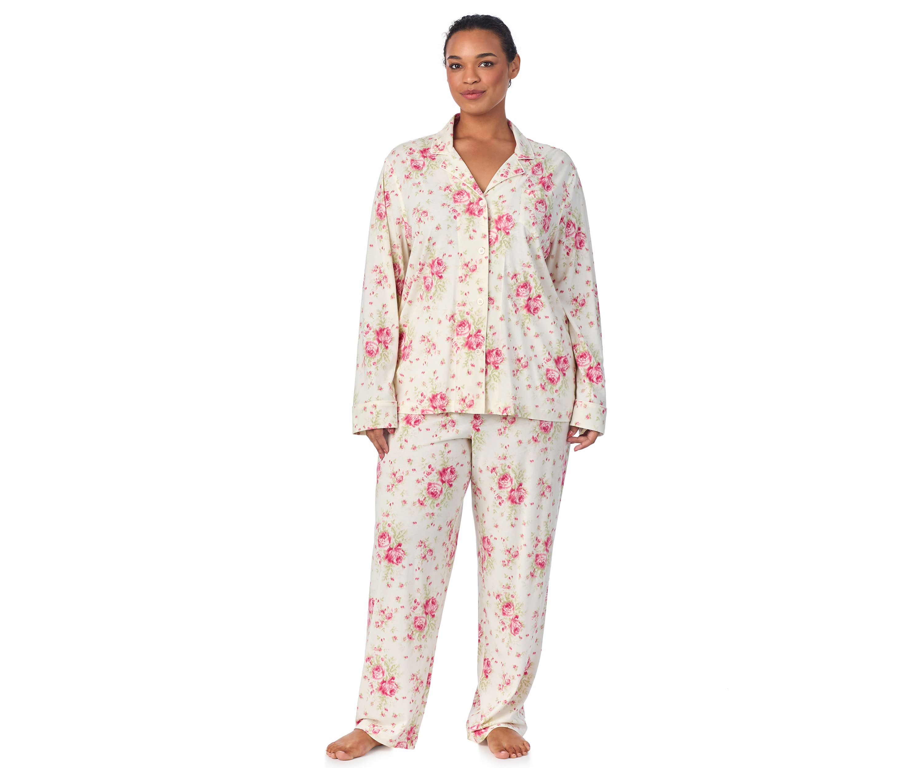 Plus Size Long Sleeve Notch Collar Long Pant Pajama Set