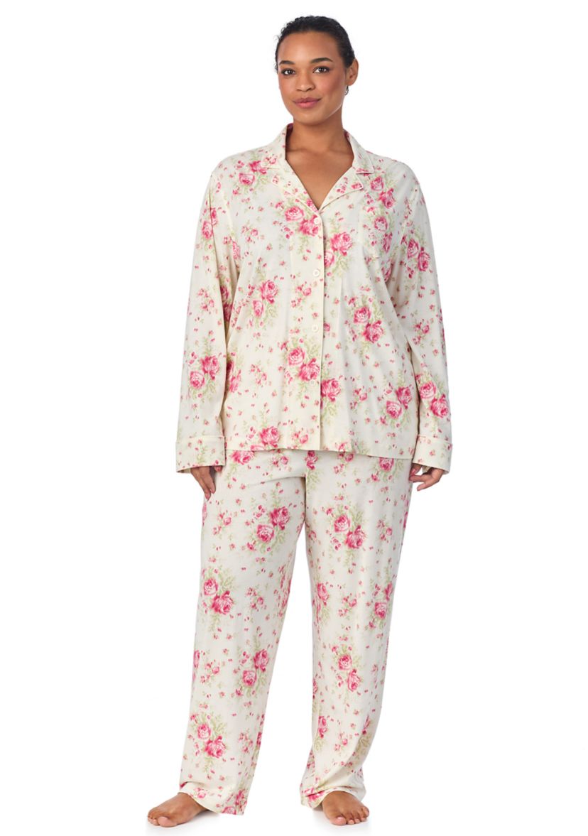 Plus Size Long Sleeve Notch Collar Long Pant Pajama Set