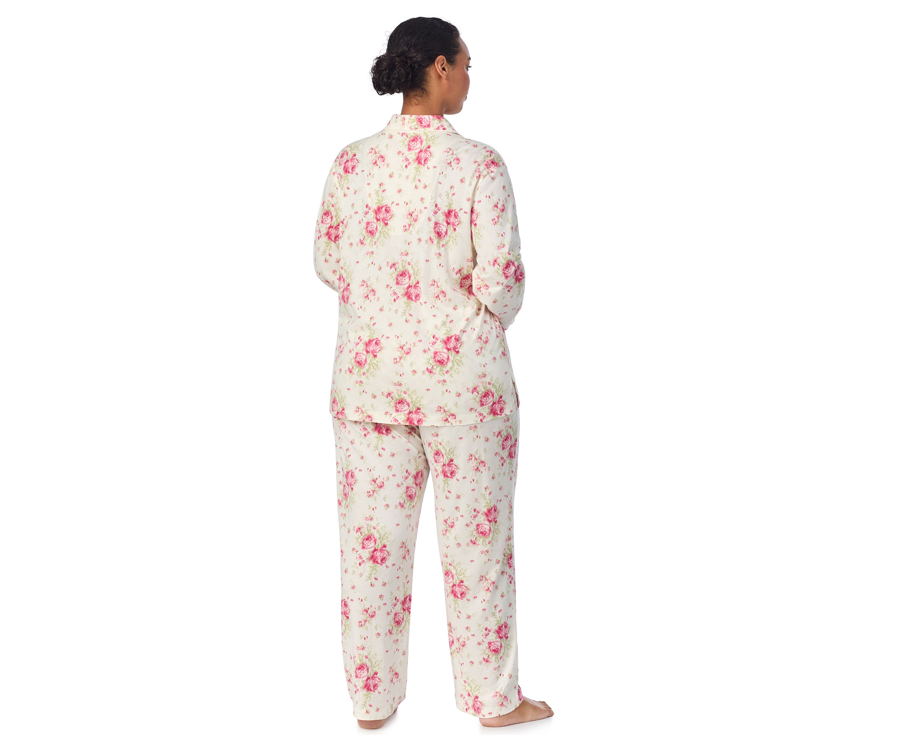 Plus Size Long Sleeve Notch Collar Long Pant Pajama Set