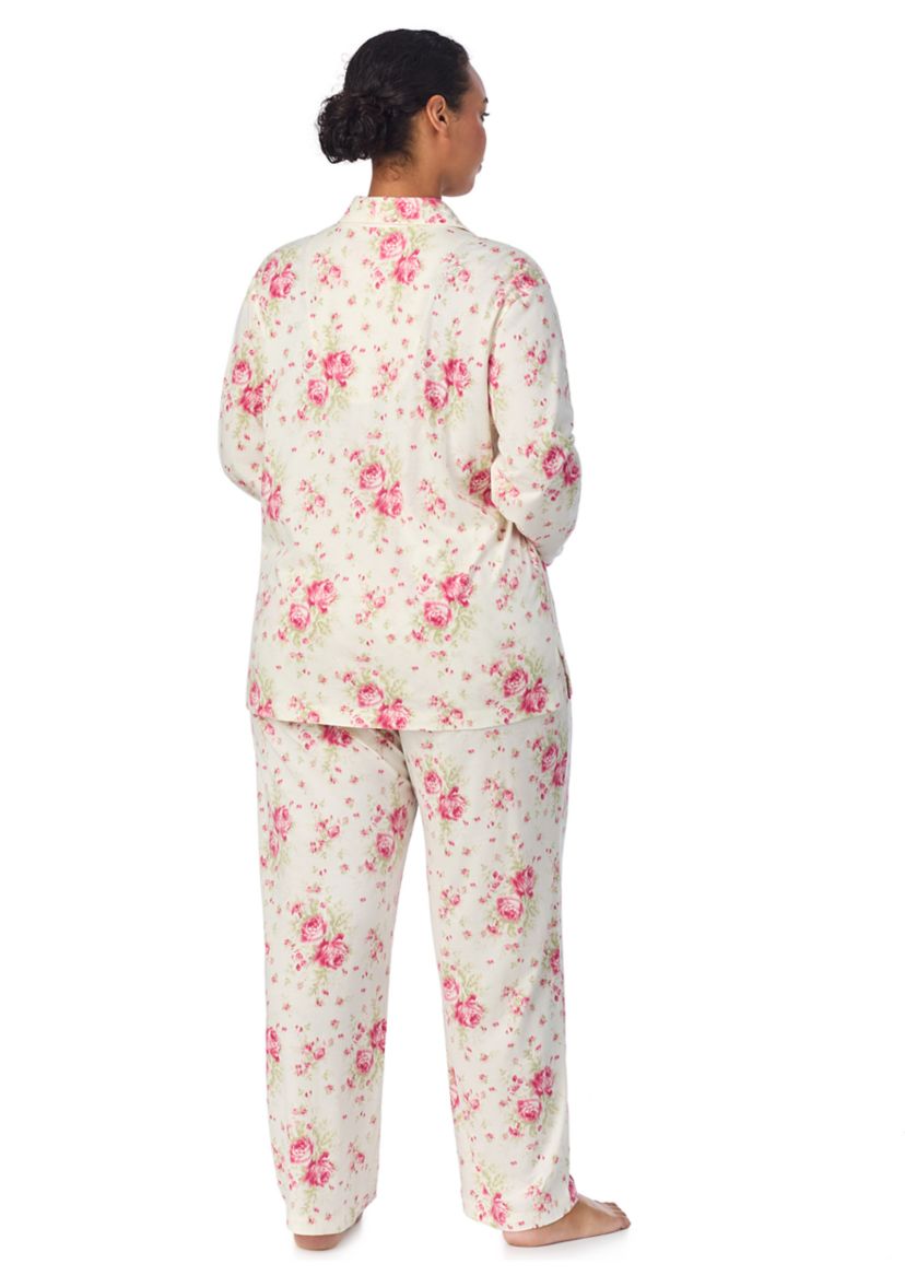 Plus Size Long Sleeve Notch Collar Long Pant Pajama Set