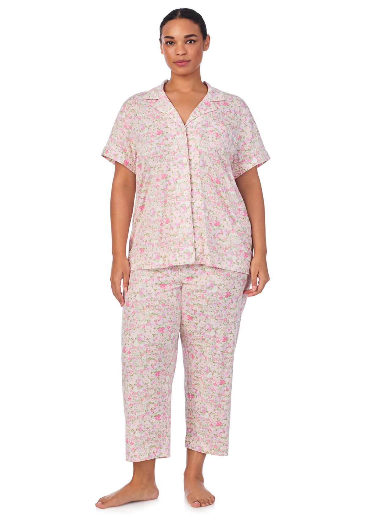 Plus Size Short Sleeve Notch Collar Cropped Pant Pajama Set