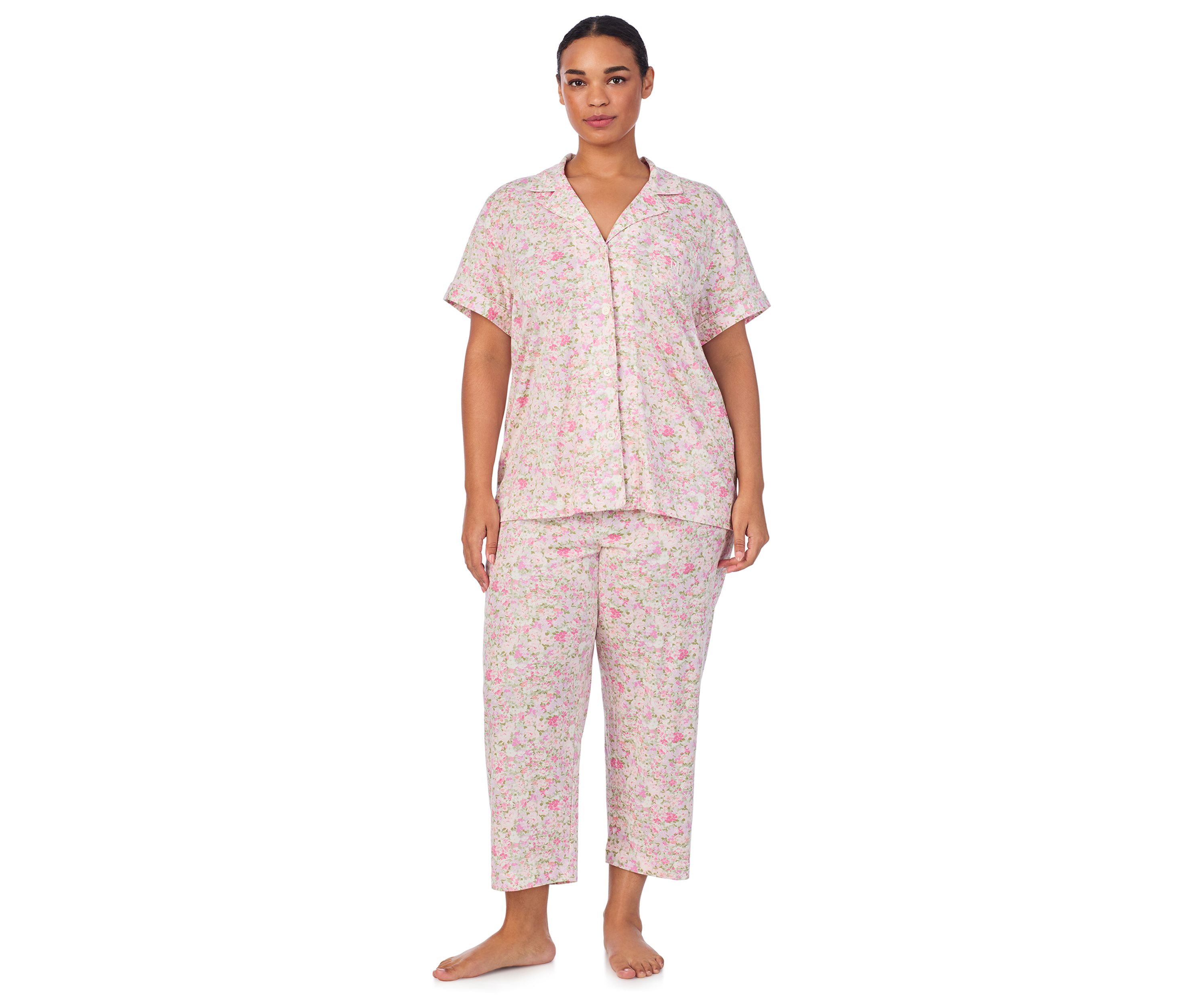 Plus Size Short Sleeve Notch Collar Cropped Pant Pajama Set