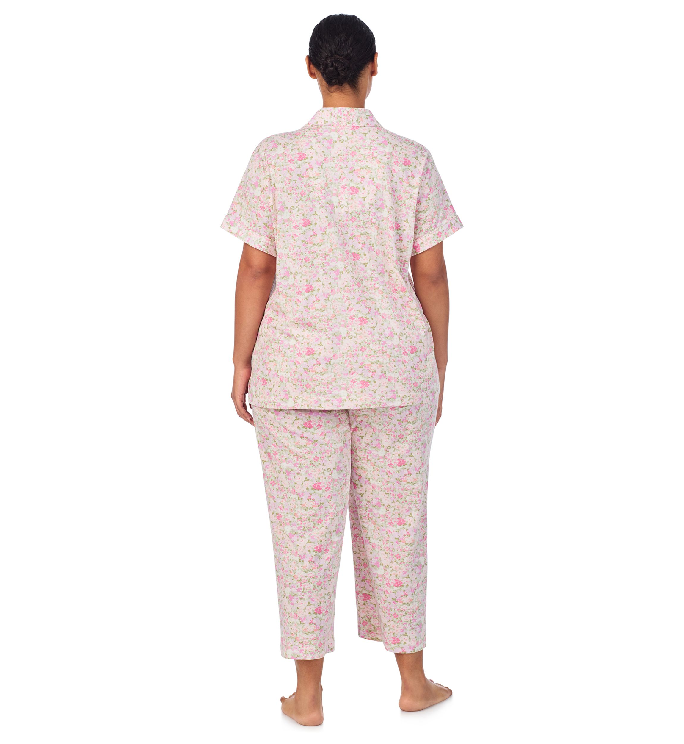 Plus Size Short Sleeve Notch Collar Cropped Pant Pajama Set