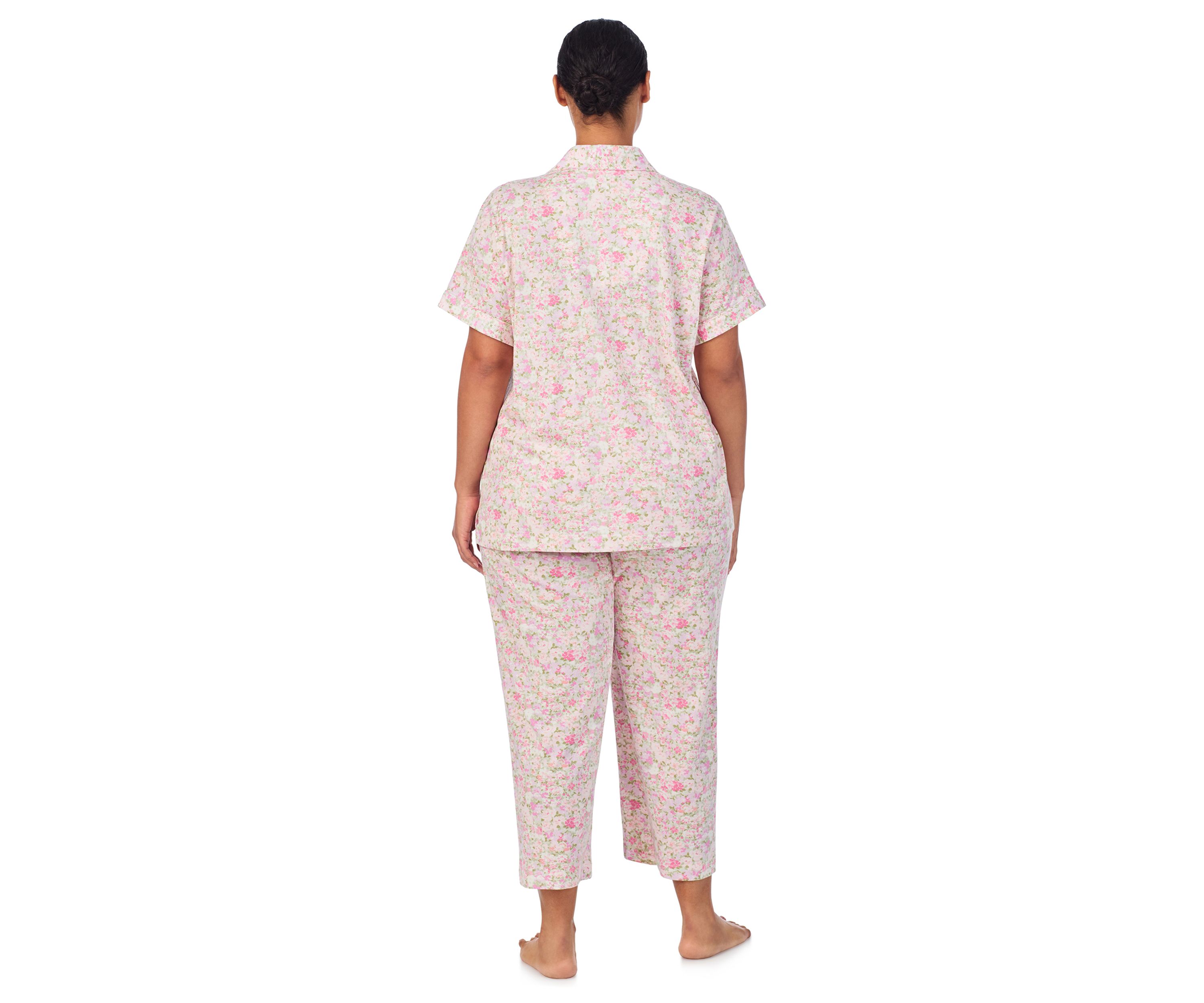 Plus Size Short Sleeve Notch Collar Cropped Pant Pajama Set